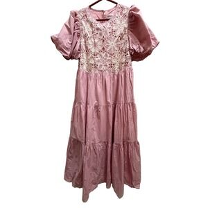 &merci Womens Pink Crochet Lace Tiered Midi Dress Puff Sleeve Pockets Medium NEW
